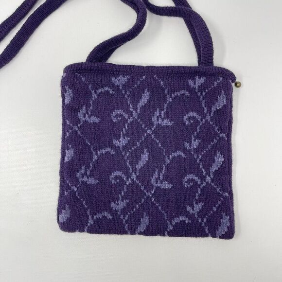 Icelandic Design Wool Blend Shoulder Bag Two Strap Purse Knitted Purple Floral - Picture 5 of 13